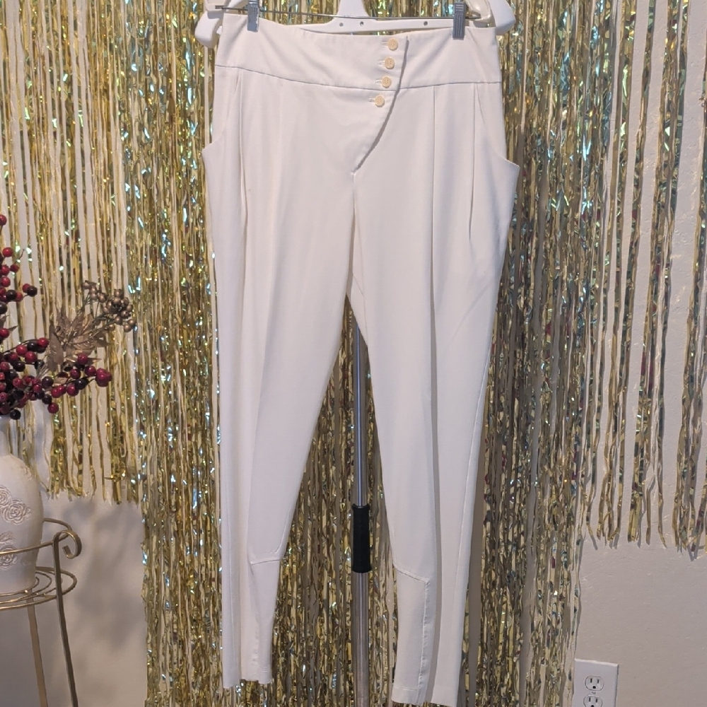 BCBGMaxAzria White High-Rise Ponte Skinny Pants with Button Detail
